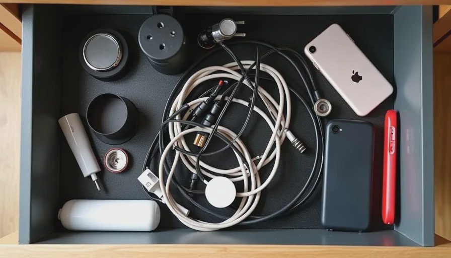 Drawer full of unused phone accessories including tangled cables, lens clip, mount, and extra cases