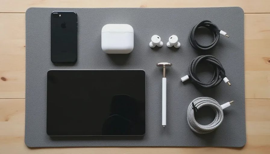A flat lay of daily carry tech including a phone, tablet, earbuds, charger, and cables on a desk mat