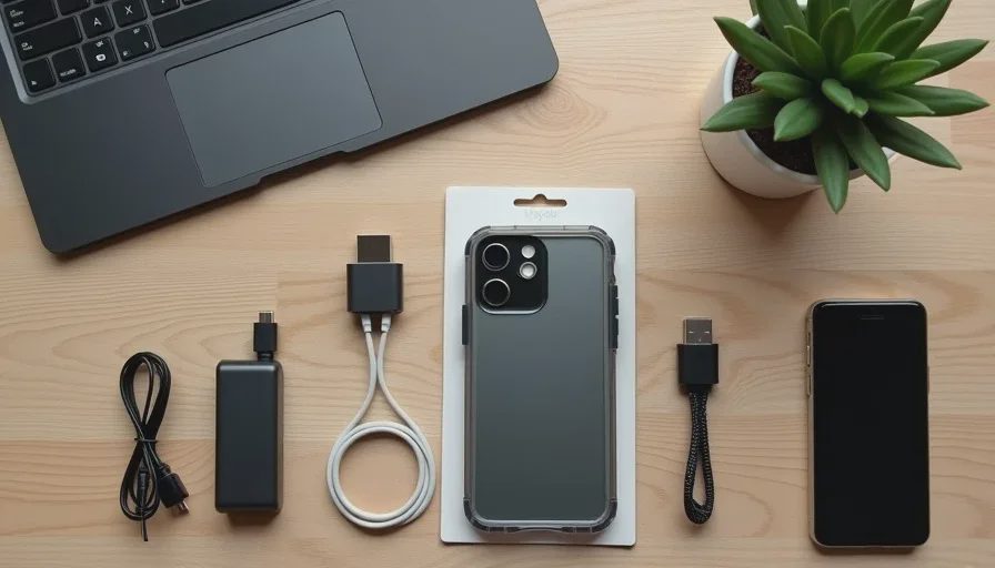 Flat lay of five essential phone accessories that actually help: case, screen protector, power bank, cable, and desk stand