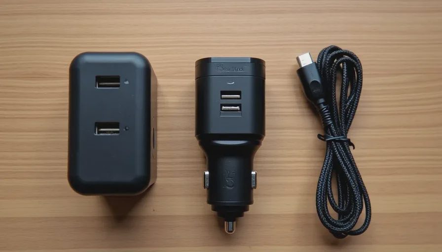Three different chargers for bag, car, and nightstand arranged on a wooden counter