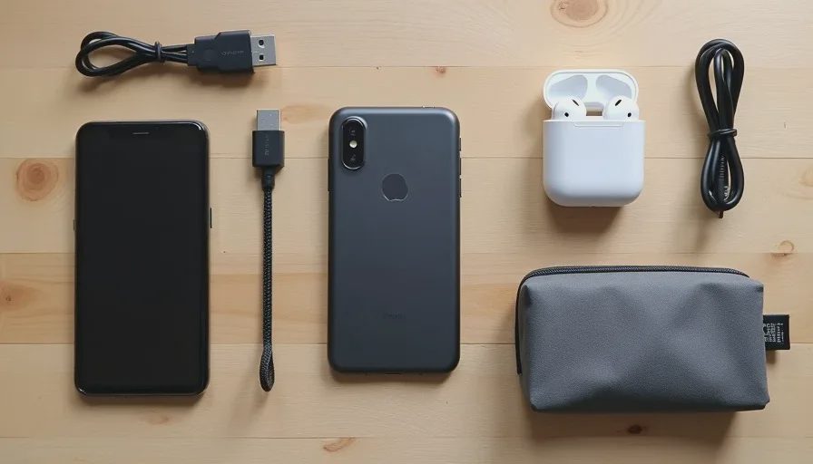 Flat lay of a minimal everyday carry tech setup including phone, earbuds, power bank, charger, cable, and pouch