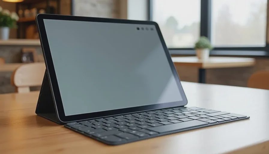 Tablet propped on a stand with a foldable keyboard for light work at a coffee shop