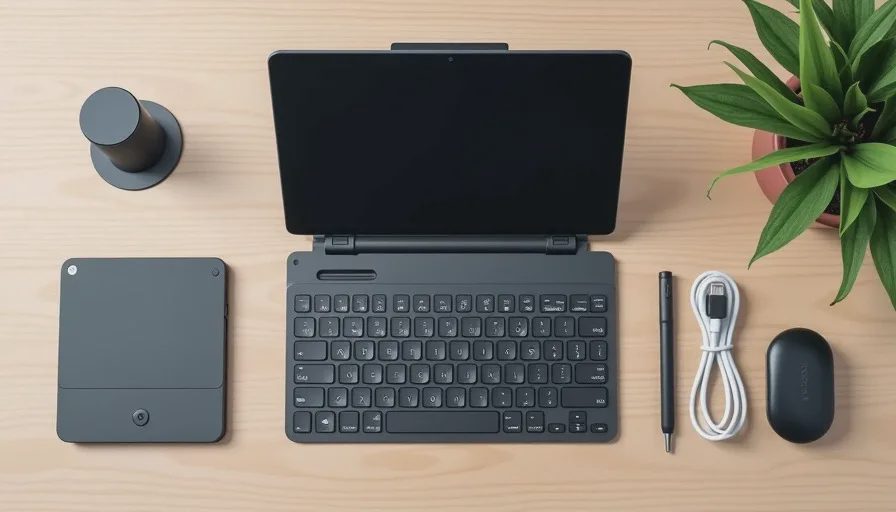 Flat lay of a tablet, foldable keyboard, stand, stylus, cable, and compact charger for light work and travel