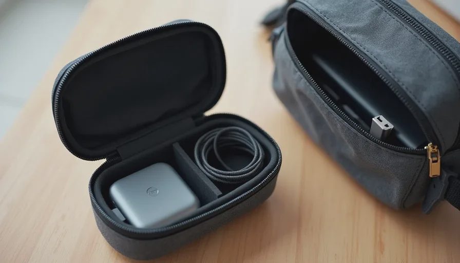 Small pouch with compact USB-C charger and braided cable next to a crossbody bag