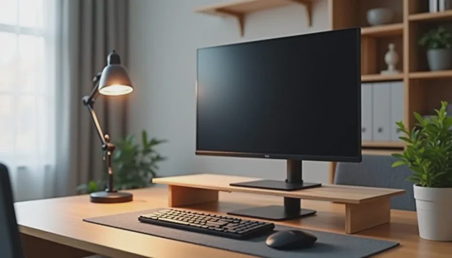 Home desk with monitor riser, adjustable desk lamp, desk mat, and wrist rest after a low-cost upgrade
