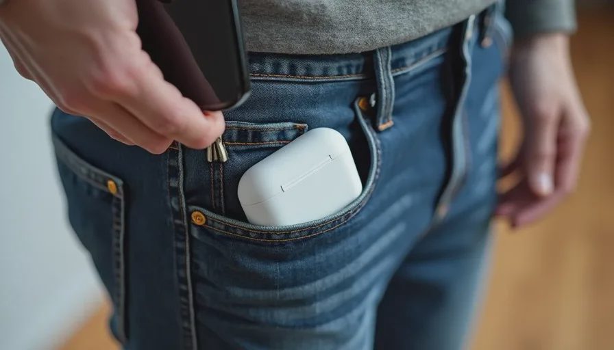 Wireless earbuds charging case peeking out of a jeans pocket for everyday carry