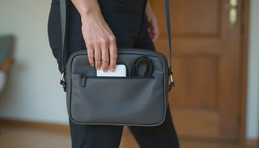 Hand holding a crossbody bag with a compact charger and braided cable inside