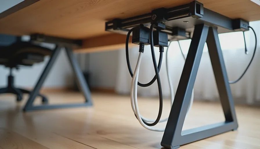 Cables under a desk bundled with Velcro ties and held in place by adhesive clips for clean cable management
