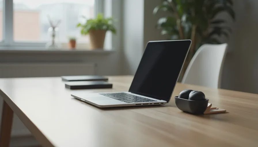 A clean desk with only a lightweight tablet, small earbuds, and a phone stand, showing tech that matches a real routine