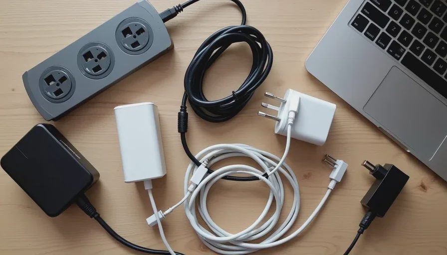 A messy pile of tangled charging cables and power adapters on a desk before fixing the charging setup
