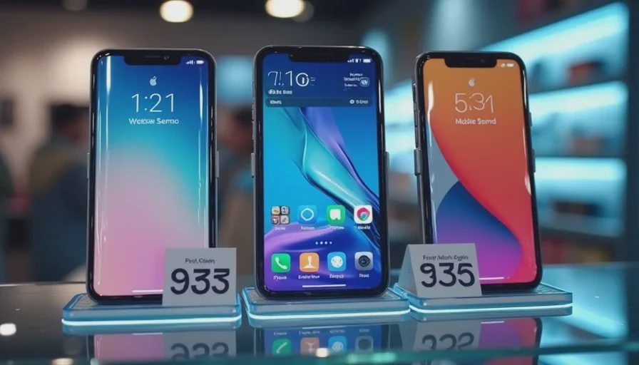Three expensive flagship smartphones on display with high price tags in a retail store