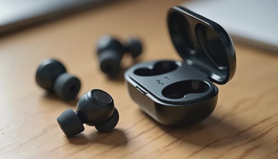 Close-up of black sport earbuds with ear hooks, ear wings, and sweat-resistant mesh, plus extra ear tips for secure fit