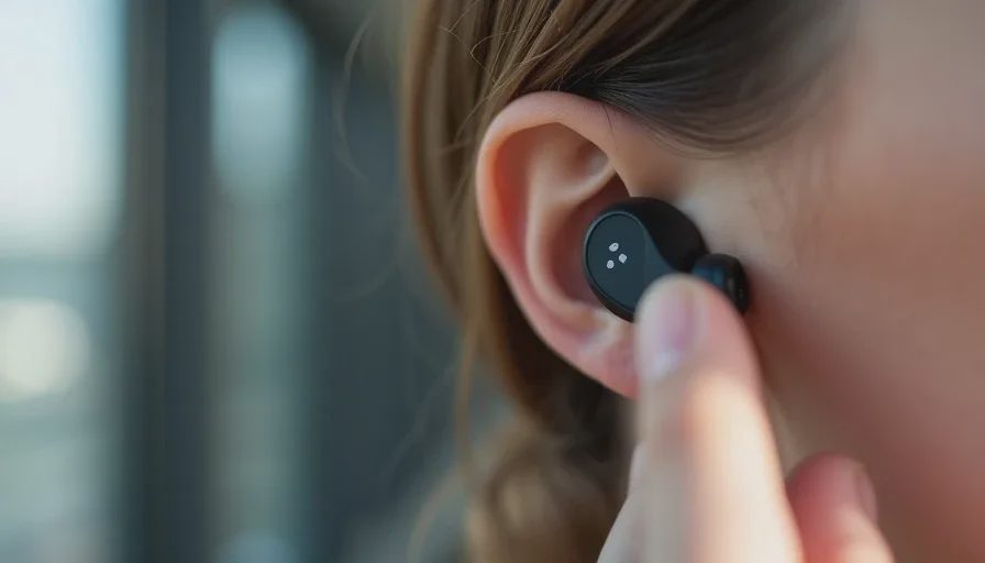 Close-up of a black wireless earbud in an ear showing fit and comfort during daily use