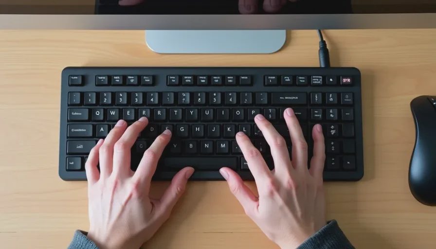 Hands typing on a compact external keyboard with neutral wrist position to reduce strain