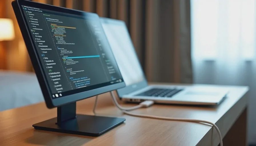 Portable monitor connected to a laptop with a single USB-C cable on a hotel desk