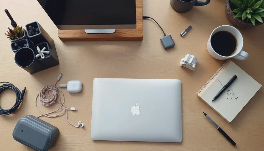  New desk organizers surrounded by loose papers, earbuds, cables, and a mug on a cluttered desk