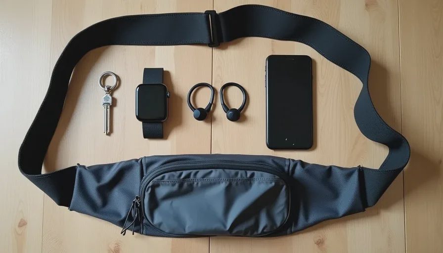 Flat lay of running tech gear including running belt, phone, sport earbuds, running watch, and key