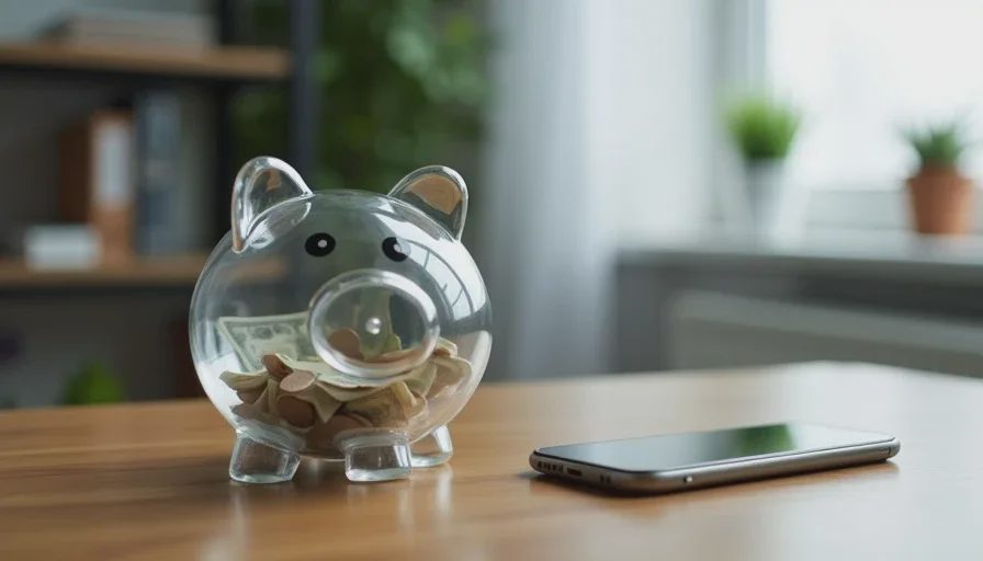Clear savings jar with cash next to an old phone, representing money saved by waiting to upgrade