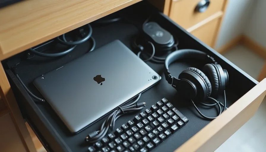 A cabinet with unused tech devices including a large tablet, over-ear headphones, and a mechanical keyboard, showing mismatched purchases