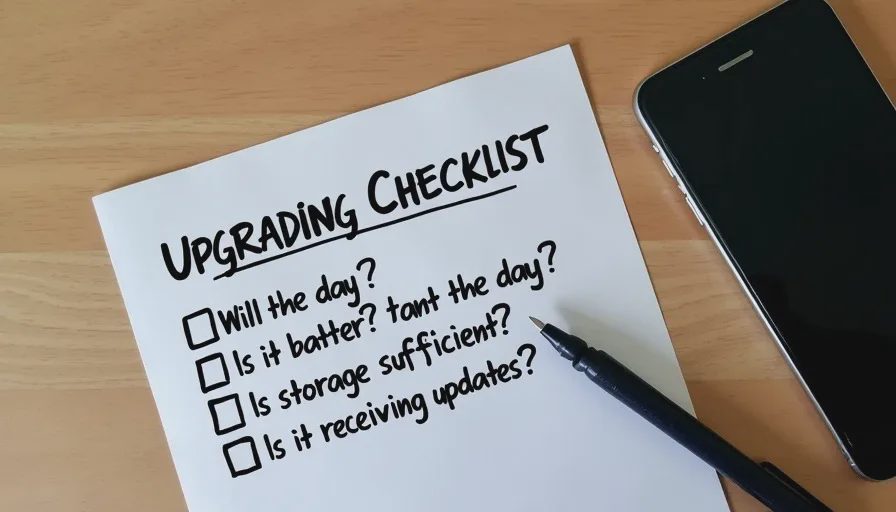Handwritten phone upgrade decision checklist with key questions to ask before replacing a phone