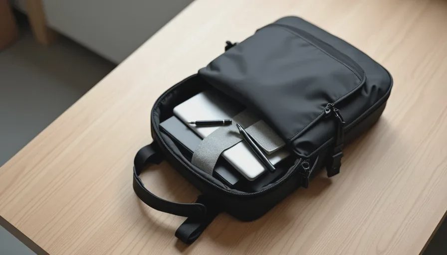Hybrid work week bag contents Open backpack showing a laptop, small pouch, notebook, and pen packed for a hybrid work week