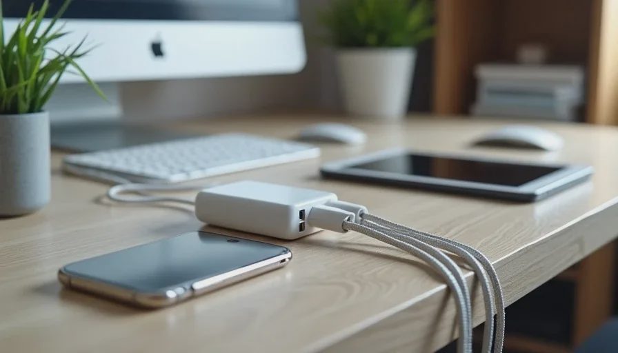 A tidy charging setup with a multi-port charger mounted on the desk edge and braided cables organized with ties