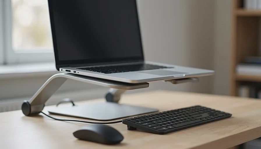 Laptop raised on an aluminum stand with an external keyboard and mouse placed on the desk below