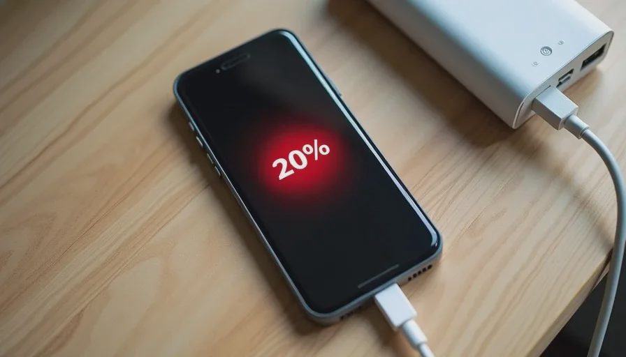Old phone showing low battery warning with a power bank nearby, a sign it may be time to replace