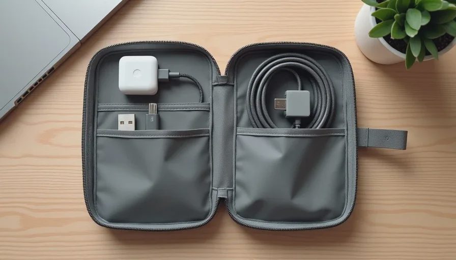 Cable pouch for hybrid work week Small pouch with compact charger, braided cable, wireless mouse, and USB-C adapter for office days