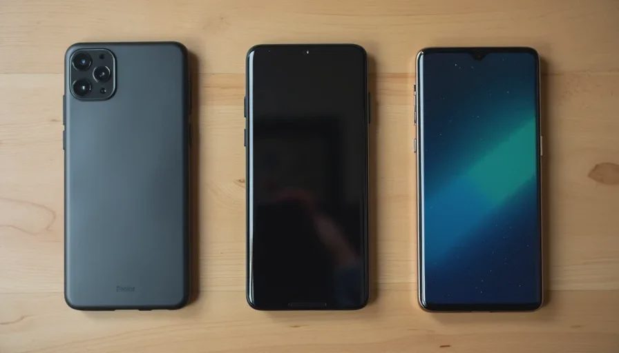 Three smartphones representing cheap, midrange, and flagship tiers arranged on a wooden desk