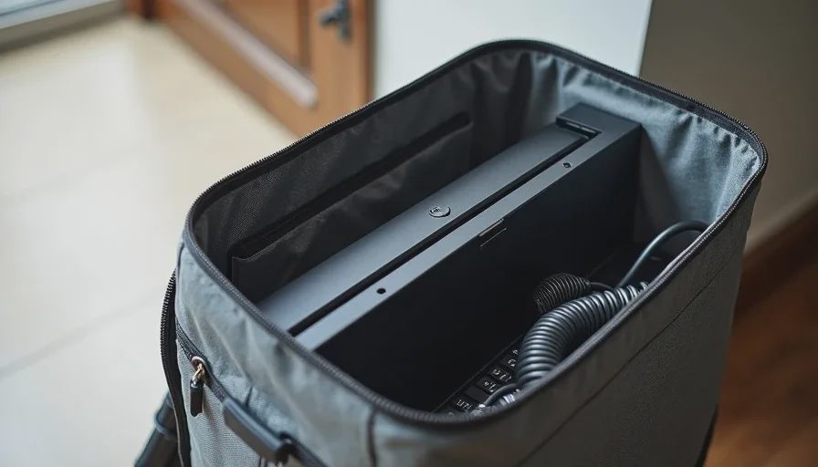Portable monitor packed into a backpack laptop sleeve with a foldable keyboard and cables