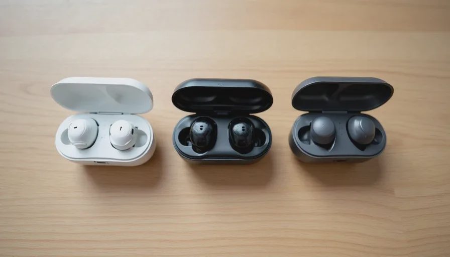 Three pairs of wireless earbuds in different colors arranged on a wooden desk for comparison