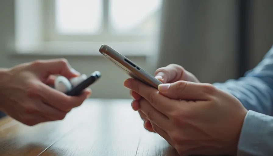 Hand holding wireless earbuds near an older phone, showing the relationship between source device and Bluetooth connection