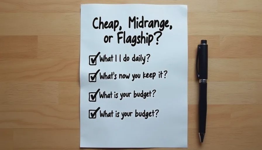 Handwritten decision checklist for choosing between cheap, midrange, and flagship tech