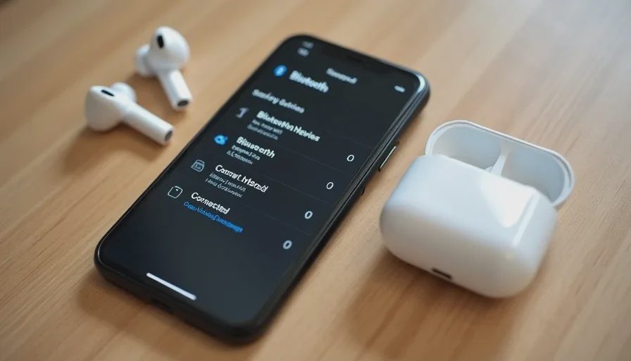 Phone showing Bluetooth settings with wireless earbuds connected, used for diagnosing Bluetooth problems