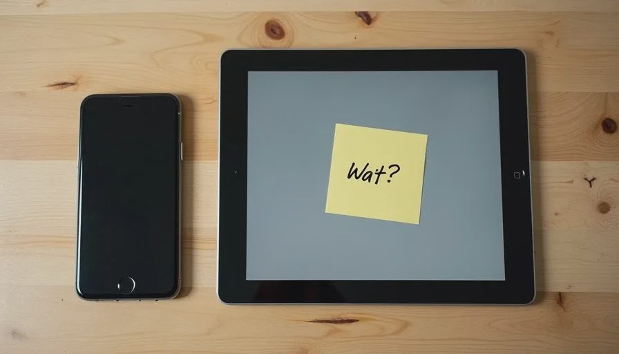 Working phone and tablet on a desk with a sticky note asking whether to wait before buying a new model