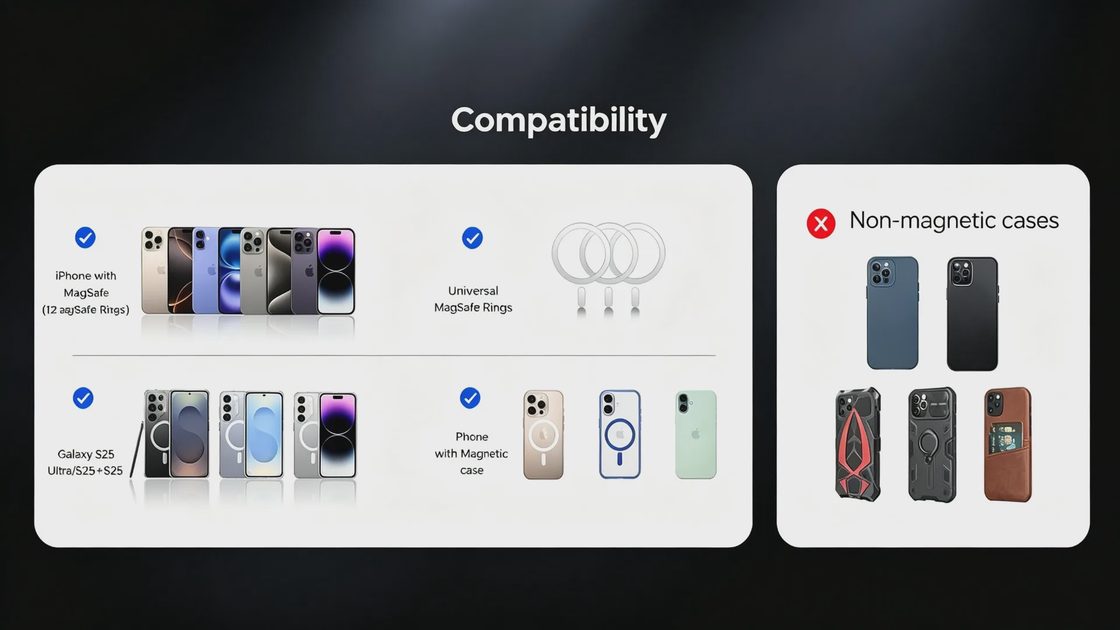 Compatibility chart showing the ULiXWH power bank works with iPhone 12 series or later with MagSafe, Galaxy S25 series with magnetic case, universal MagSafe rings, but not with non-magnetic cases