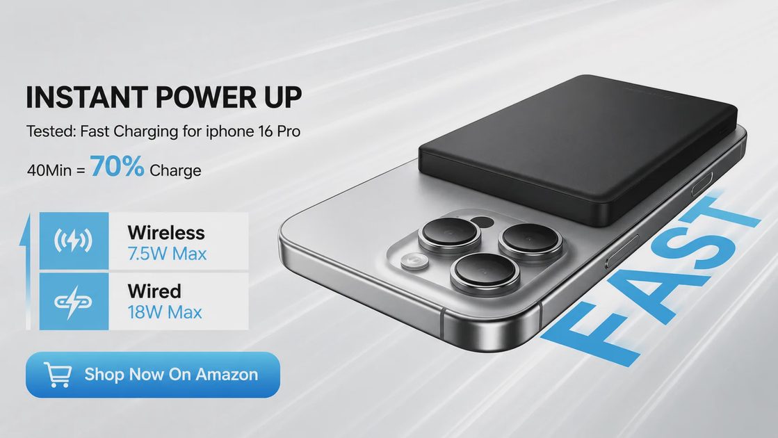 ULiXWH 10000mAh slim MagSafe power bank product call-to-action image, showing the magnetic wireless charger attached to an iPhone with a button to check today's price on Amazon