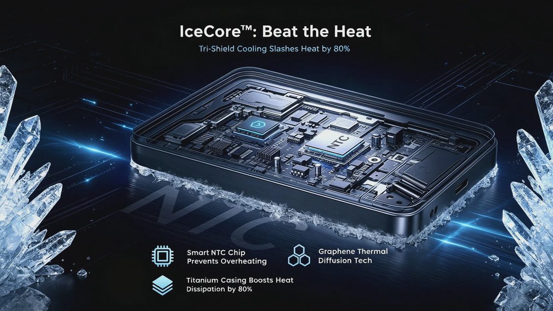 Internal circuit board of the ULiXWH power bank showcasing the IceCore cooling system with smart NTC chip, graphene thermal diffusion, and titanium casing that reduces heat by 80 percent