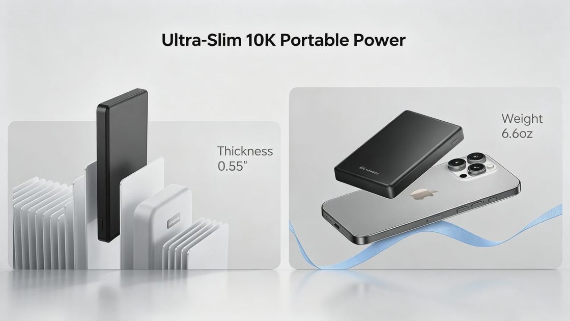ULiXWH 10000mAh power bank shown next to an iPhone highlighting the ultra-slim 0.55 inch thickness and lightweight 6.6oz design for pocket-friendly carry