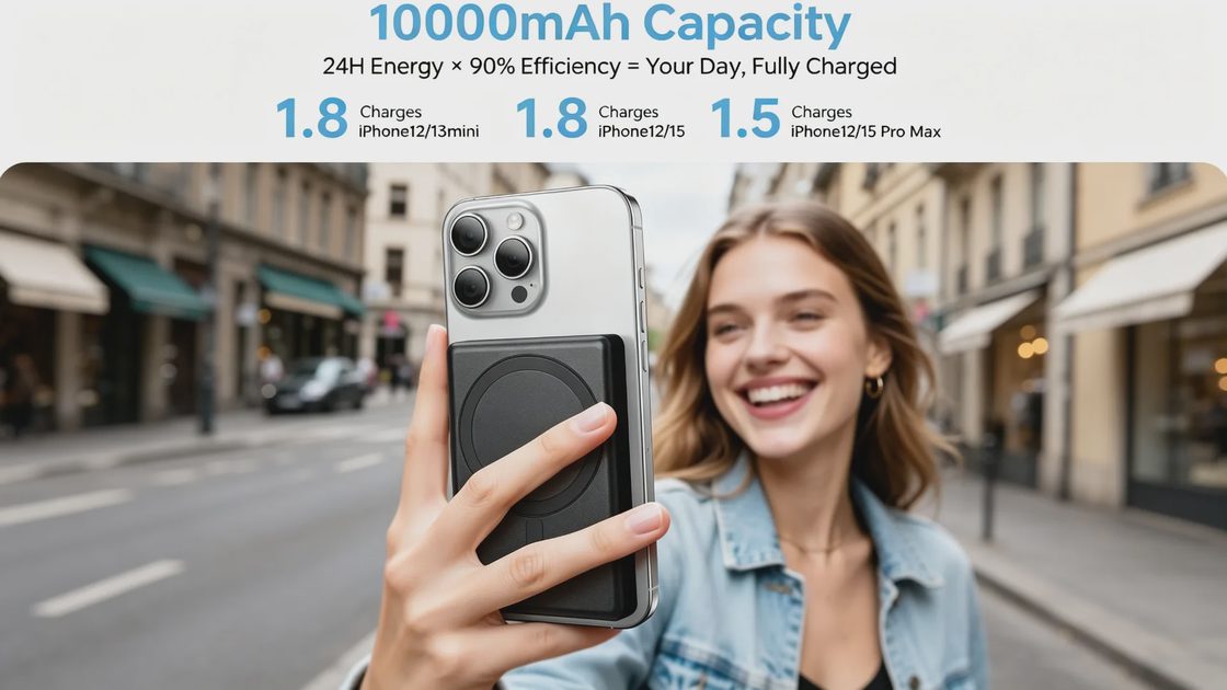 Person holding an iPhone with the ULiXWH 10000mAh slim MagSafe power bank magnetically attached, showing the portable charging solution in everyday use