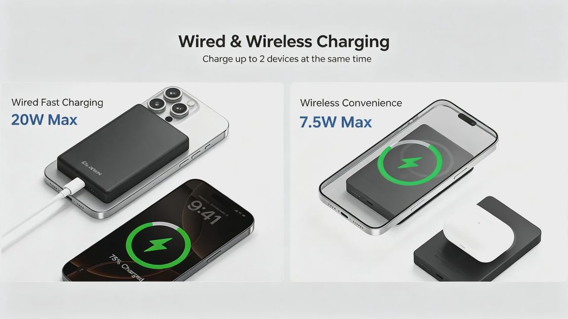 ULiXWH power bank demonstrating dual charging capability with 20W wired fast charging for one device and 7.5W wireless MagSafe charging for another, charging up to two devices at the same time