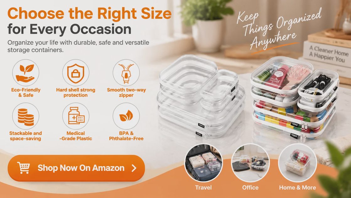 YQBRAO clear hard shell cases shown empty and stacked next to fully loaded cases, highlighting stackable design and travel, office and home use