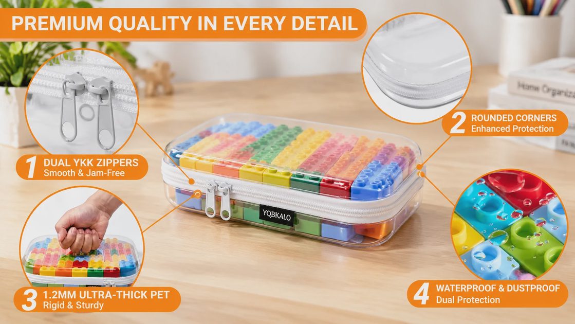 Close-up details of the YQBRAO case: dual YKK zippers, rounded corners, 1.2mm thick rigid PET shell and waterproof surface