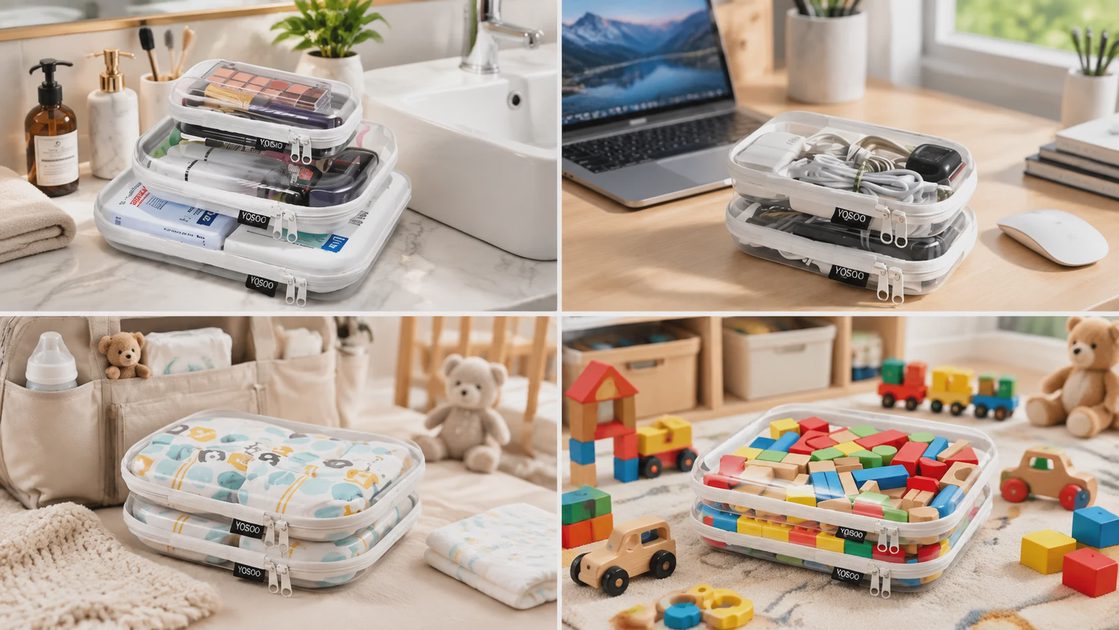 YQBRAO clear organizer cases in four scenes: bathroom toiletries, a desk with laptop and charging cables, diaper bag, and children's toys